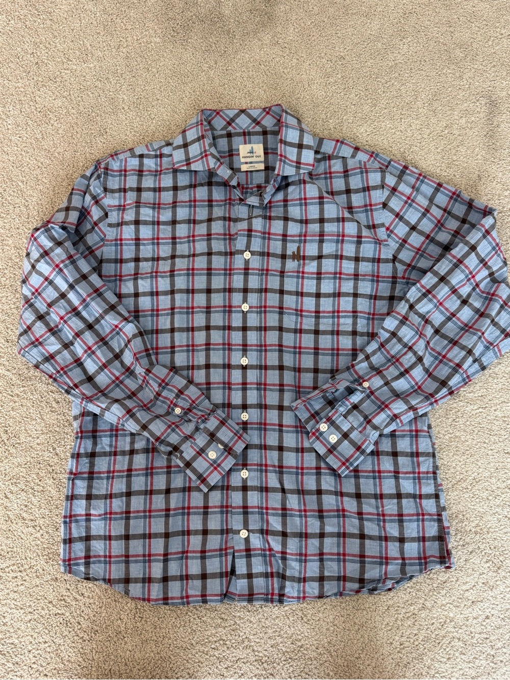 Johnnie-O Men's Light Blue Plaid Button-Down Shirt with Red Accent Large